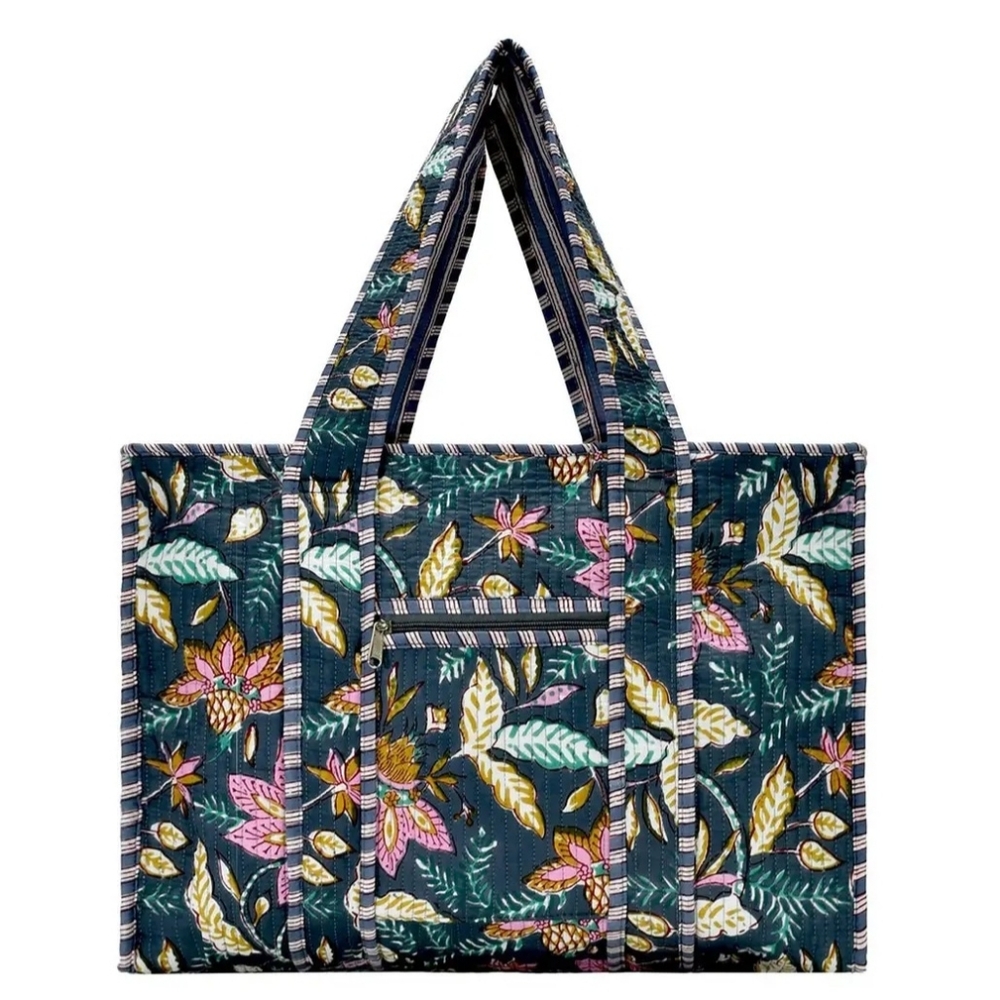 Floral Quilted Tote Bag in Teal with Pink Accents Large